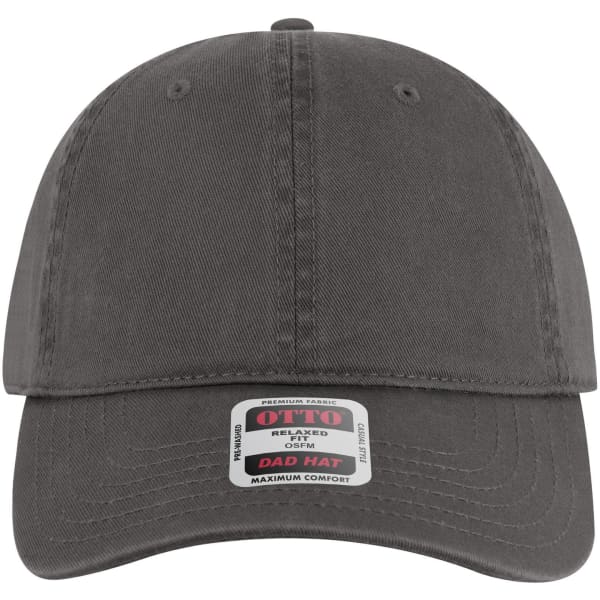 A grey 6-panel low profile dad cap with a branded logo on the front.