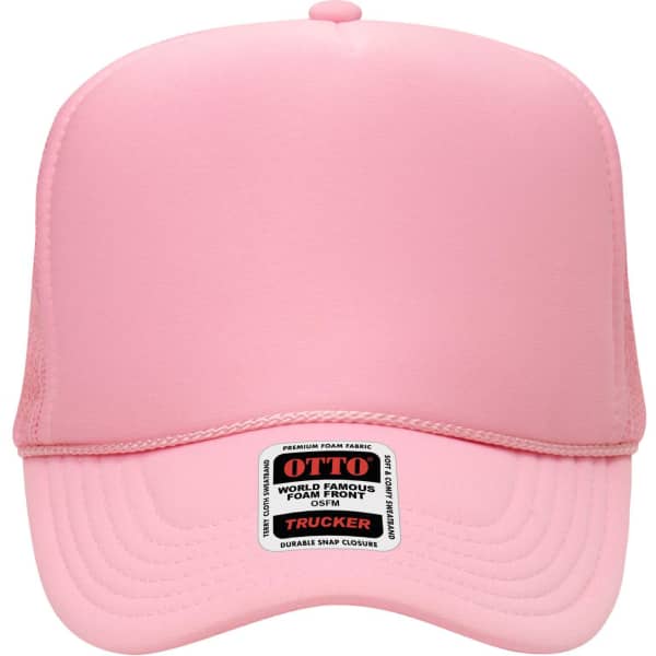 A pink 5 panel high crown trucker cap featuring a foam front and a mesh back, complete with a logo.