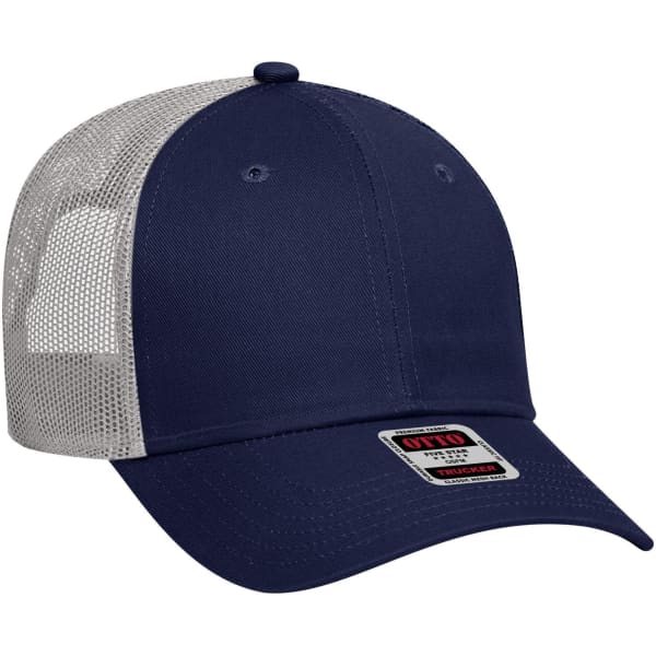 A navy blue 6 panel low profile trucker cap with a mesh back and a branding logo.