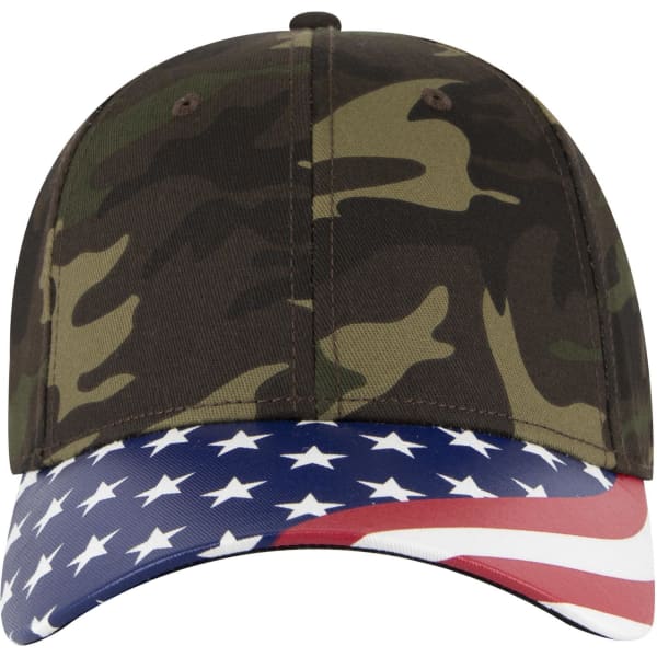 A camouflage baseball cap featuring an American flag design on the visor and a logo on the front.