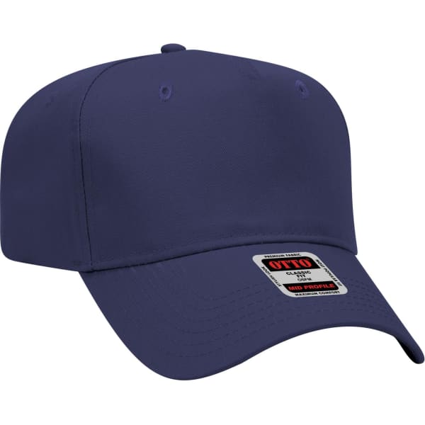 A navy blue 5 panel mid crown baseball cap with a logo on the front.