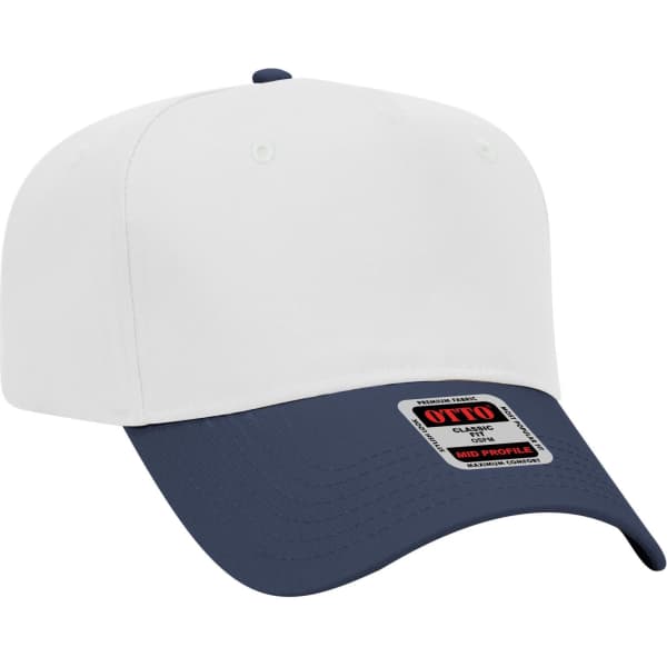 A white and navy 5 panel mid crown baseball cap with a logo on the front.