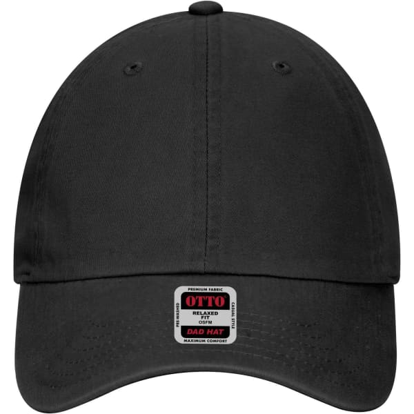 A black 6-panel low profile dad cap with a logo on the front. It has a relaxed fit and is made of soft fabric.