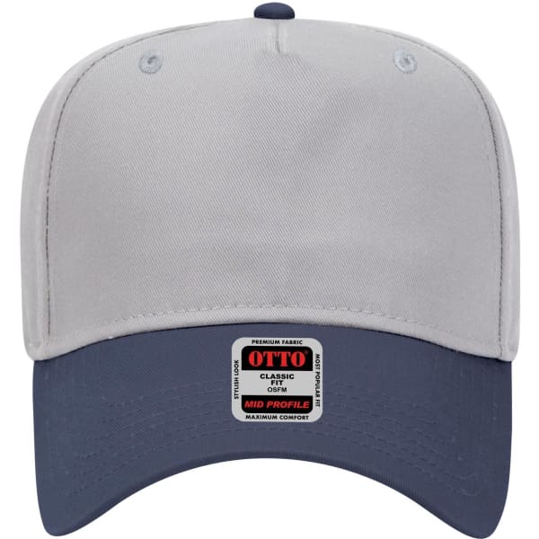 A grey and navy blue 5 panel mid crown baseball cap with a logo on the front.
