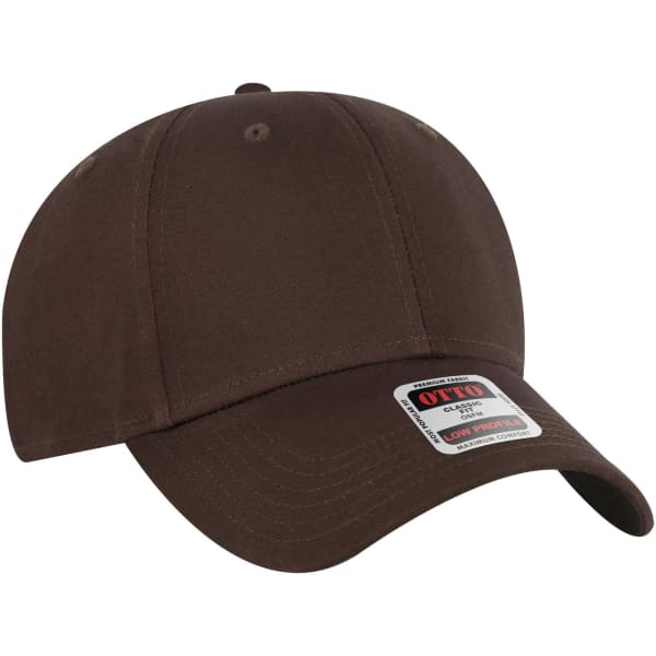 A brown 6-panel low profile baseball cap featuring a logo on the side.