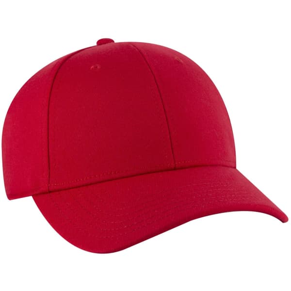 A red 6 panel low profile baseball cap with a curved peak and a logo on the front.