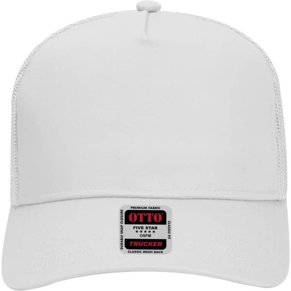 A white 5 Panel Mid Profile Trucker Cap featuring a logo on the front and a mesh back.