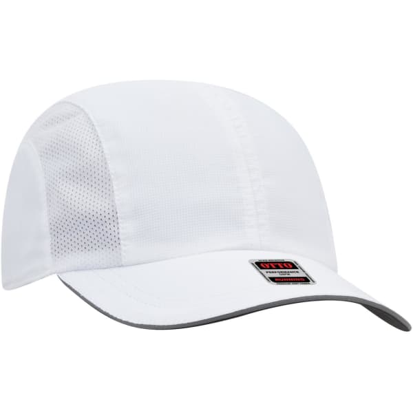 A white six-panel running cap with mesh sides and a branded tag on the front.