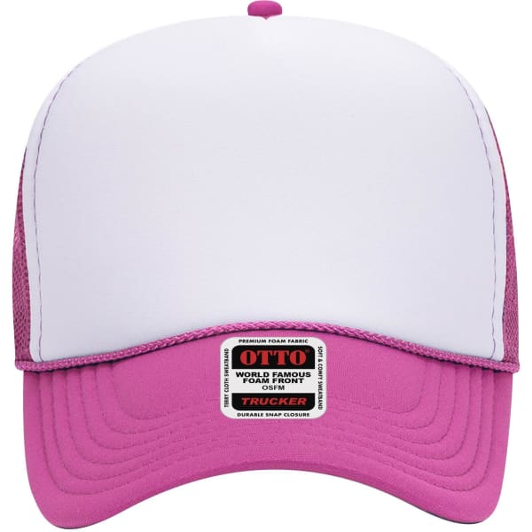 A pink mid profile trucker cap with a white front panel and mesh back, featuring a logo on the side.