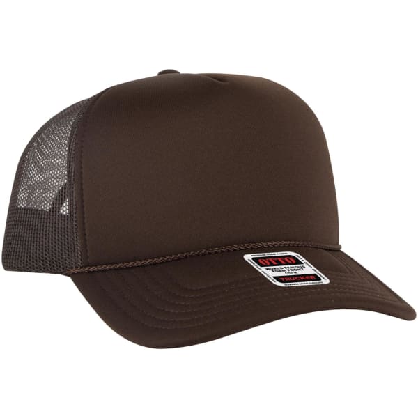 A brown 5 panel high crown trucker cap with a mesh back and a branded label on the front.