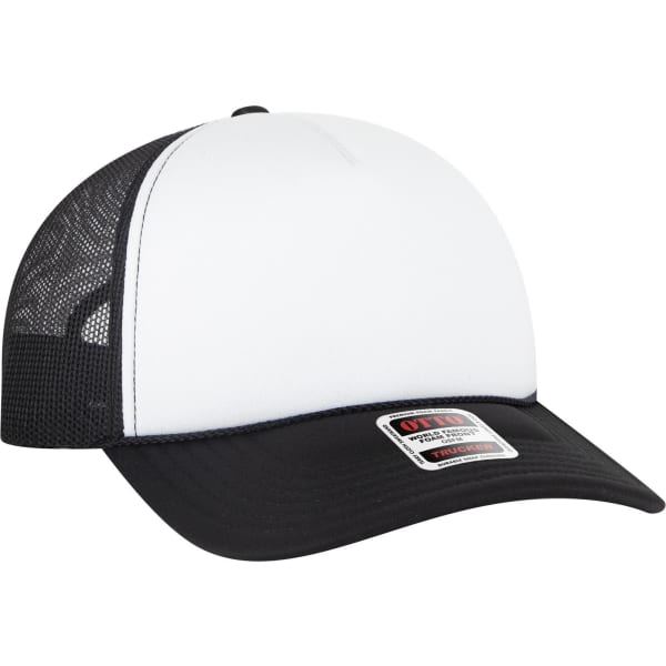 A 5 Panel Low Profile Trucker Cap in black and white, featuring mesh sides and a logo.