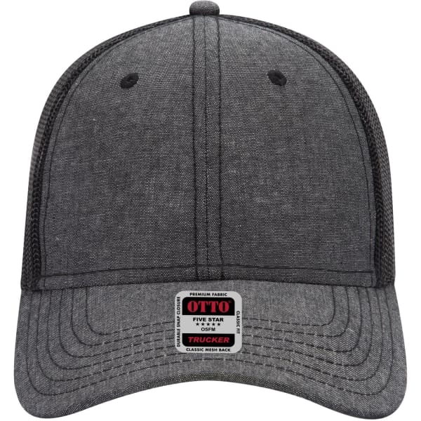 A grey 6 panel low profile trucker cap with a mesh back and a logo on the front.
