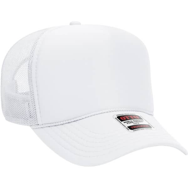 A white 5 panel mid profile trucker cap with a mesh back and a branded label on the front.
