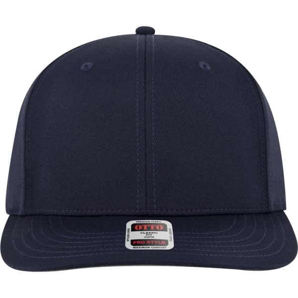 A navy 6 Panel Pro Style Snapback Hat with a flat brim and a logo on the front.