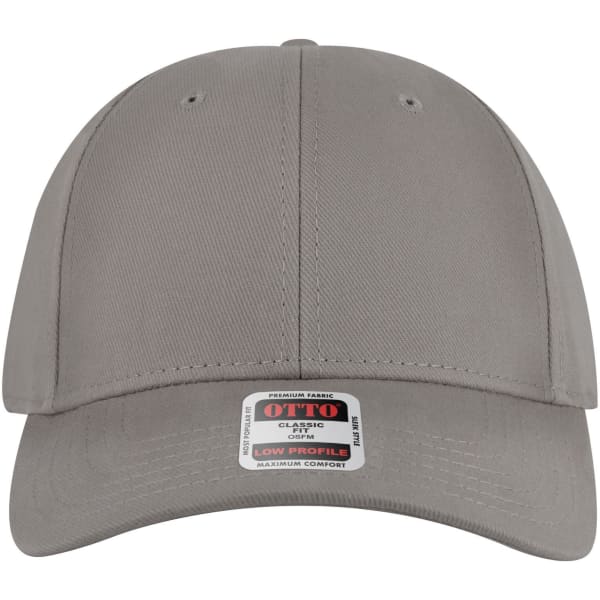 A grey 6-panel low profile baseball cap with a logo on the front and a structured design.