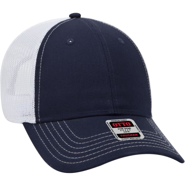 A navy blue and white 6 panel low profile trucker cap featuring a logo on the front.