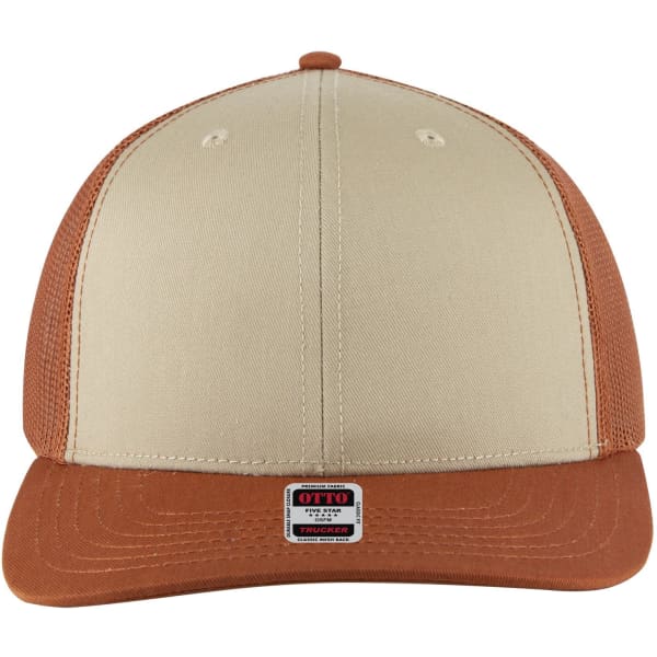 A mid-profile trucker cap in beige and brown, featuring a solid front and mesh back with a logo on the side.