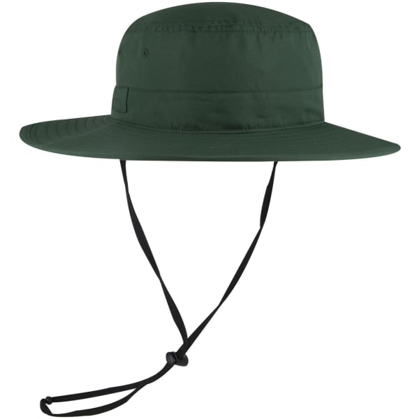 A green polyester pongee boonie hat with a wide brim and a securing chin strap. It features a logo on the side.