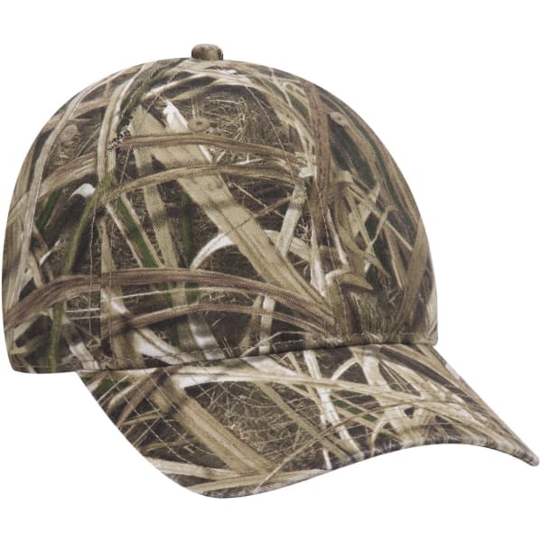 A camo-patterned, low-profile baseball cap in shades of green and brown, featuring a logo on the front.