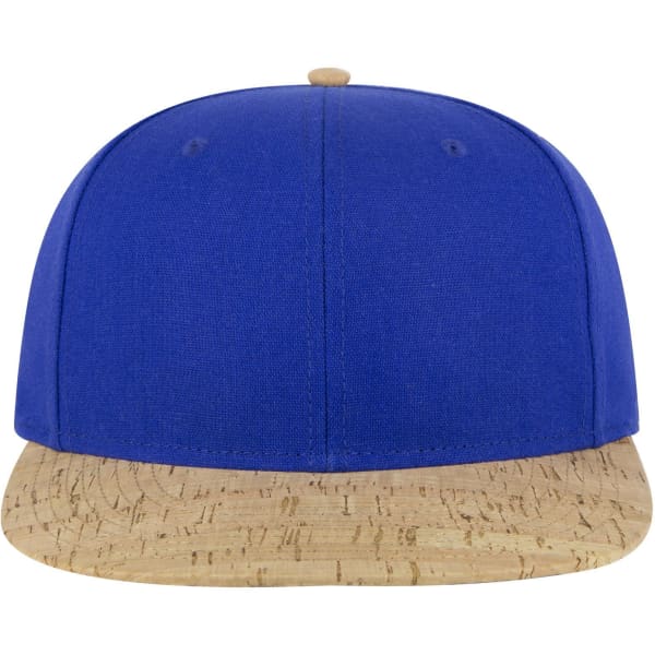 A blue snapback cap featuring a cork patterned brim and a round button on top. It has a logo on the front.