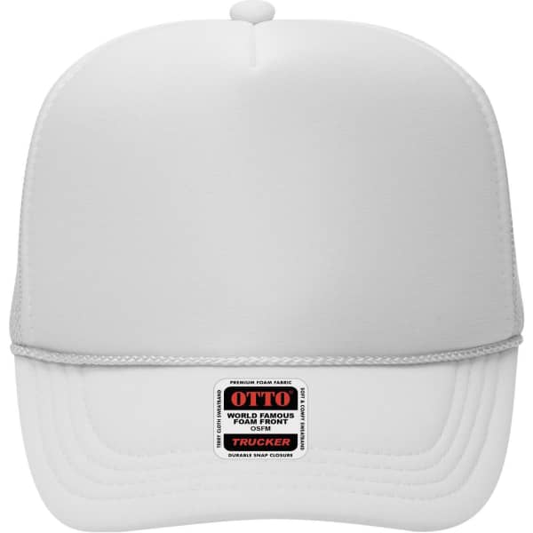 A white 5 panel high crown trucker cap with a grey trim and logo on the front.