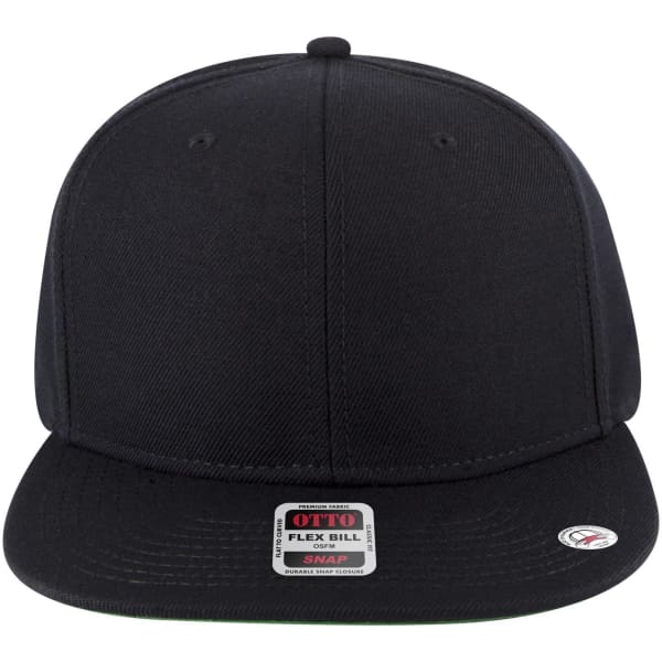 A snapback cap in black with a flat peak and a green undervisor. It features a branding logo on the side.
