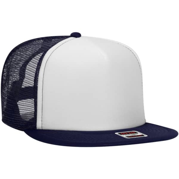 A high crown trucker cap in navy and white with a mesh back and a logo on the front.