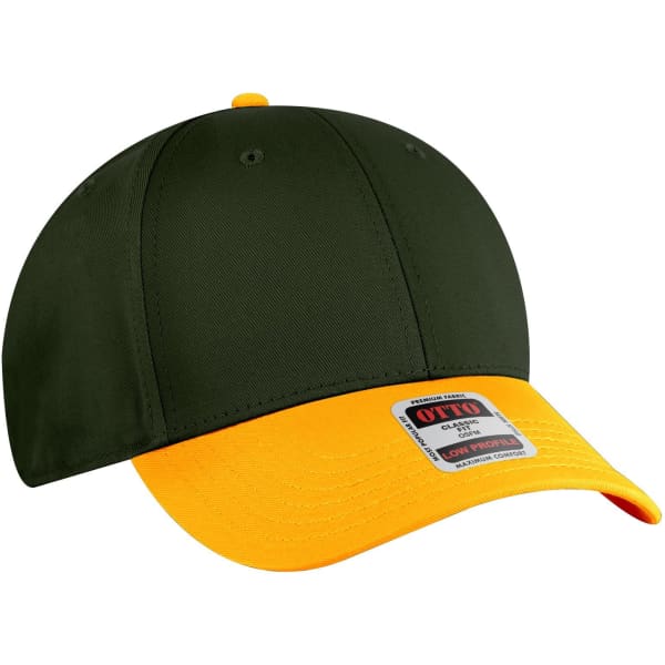 A low profile baseball cap in dark green and yellow, featuring a logo on the front.