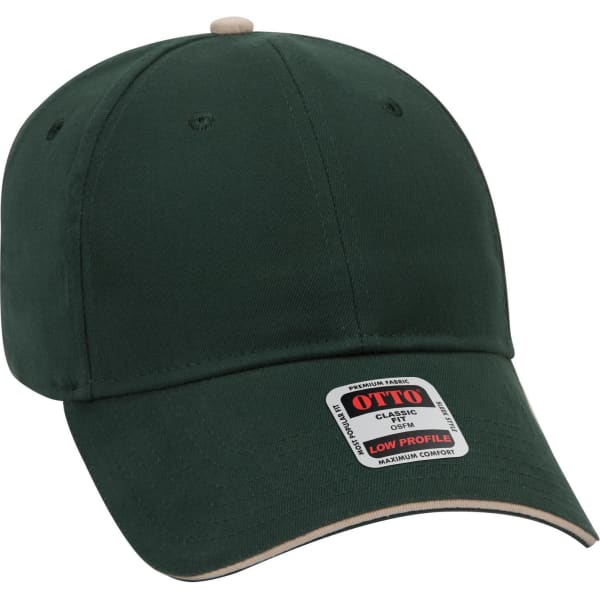 A low profile baseball cap in dark green with a beige trim and a logo tag on the side.