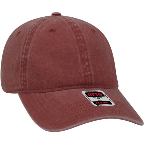 A maroon 6-panel low profile dad cap with a curved brim and a logo on the front.