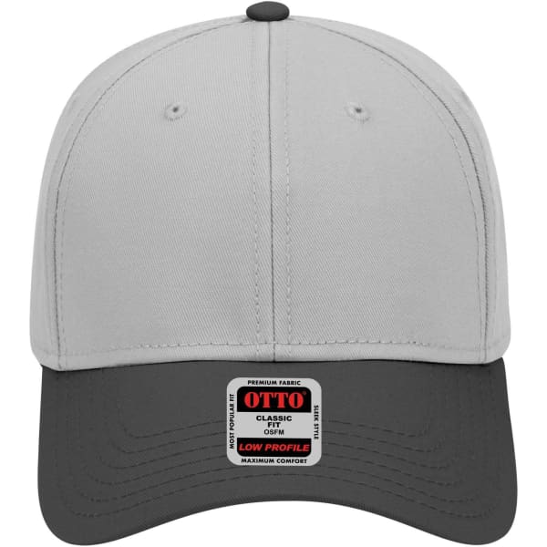 A low profile 6 panel baseball cap in light grey with a darker grey peak, featuring a logo on the front.