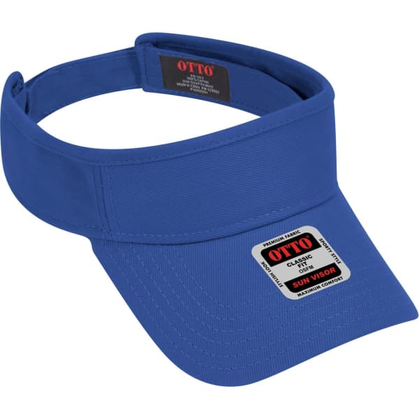 A blue sun visor featuring a wide brim and an adjustable strap. It has a logo on the front.