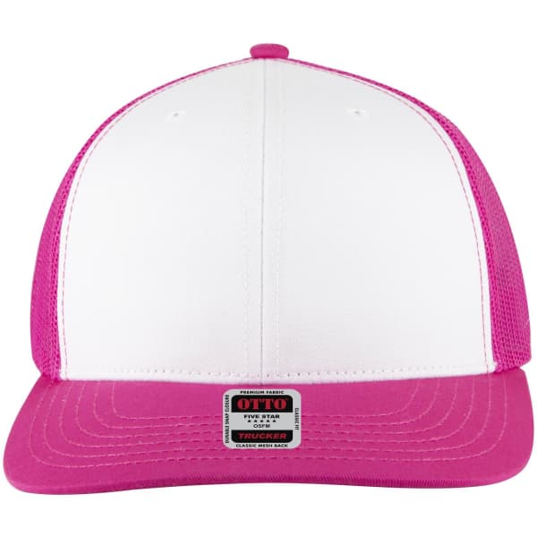 A pink and white 6 panel mid profile trucker cap with a mesh back and a branded tag on the front.