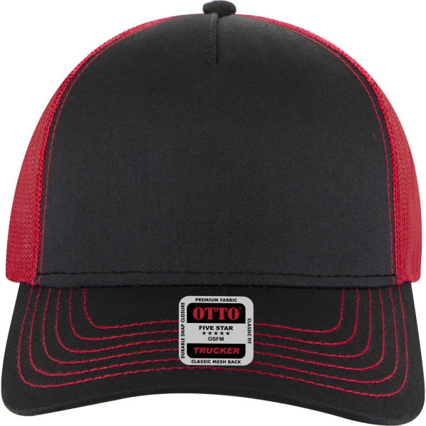 A black and red 5 Panel Low Profile Trucker Cap with a mesh back and a branded label on the front.