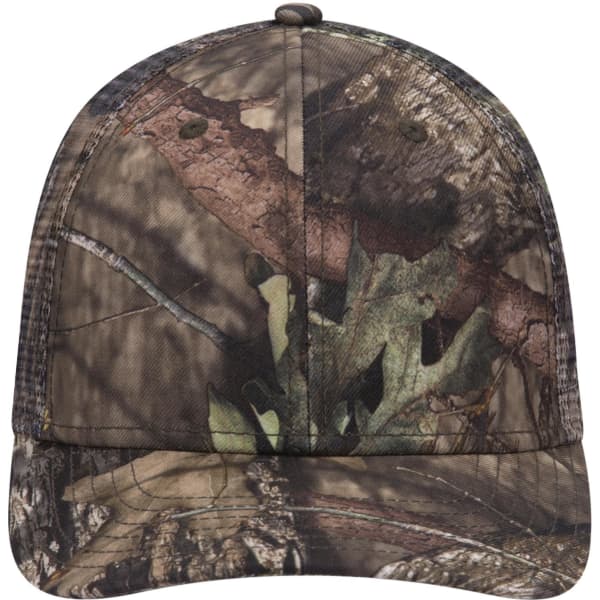 A camouflage 6 panel low profile baseball cap with a detailed nature pattern and a logo.