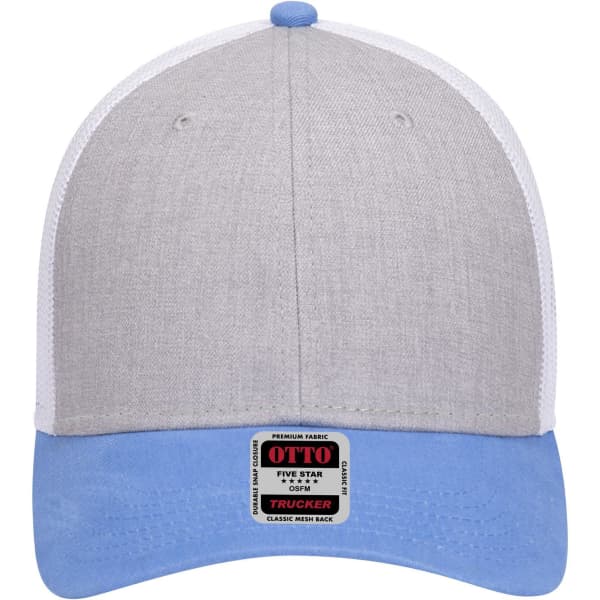 A grey and light blue six-panel low-profile trucker cap with a mesh back and a logo on the front.