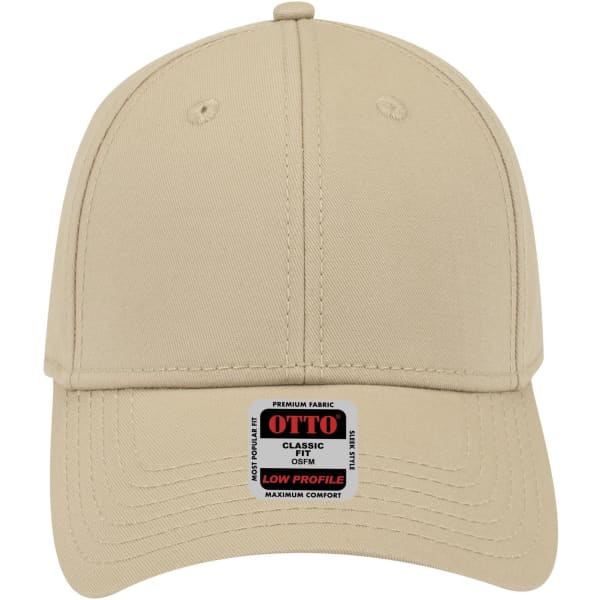 A beige 6 panel low profile baseball cap with a front panel and a logo tag on the brim.