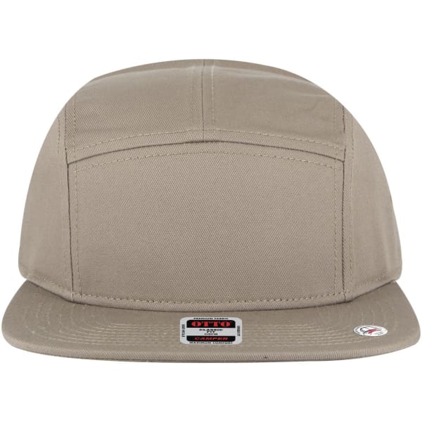 A beige 5 Panel Camper Hat with a flat brim and a logo on the front.