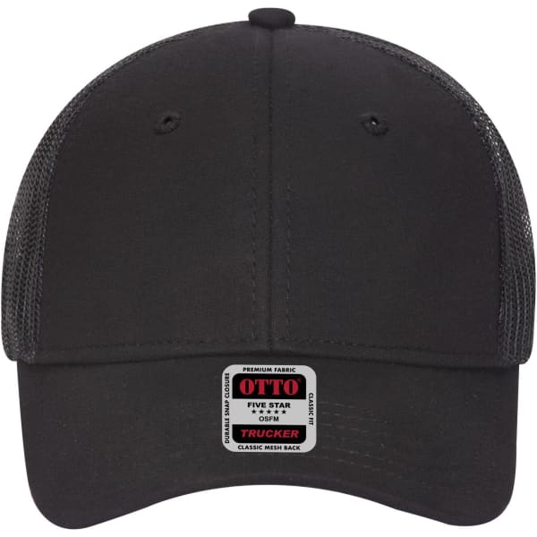 A black low-profile trucker cap with a mesh back and an attached logo badge at the front.