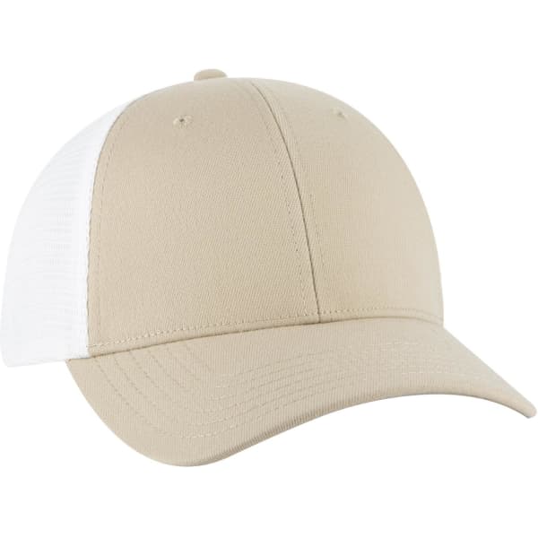 A beige and white Flex Fit 6 Panel Low Profile Trucker Cap with a rounded crown and a curved visor.