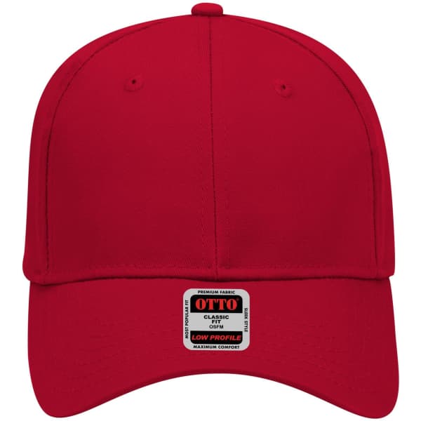 A red 6 panel low profile baseball cap with a logo on the front.