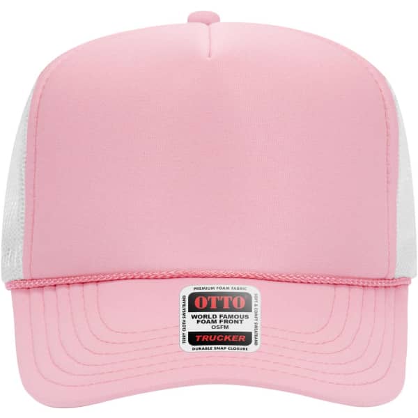 A pink 5 panel high crown trucker cap with a mesh back and a logo on the front.