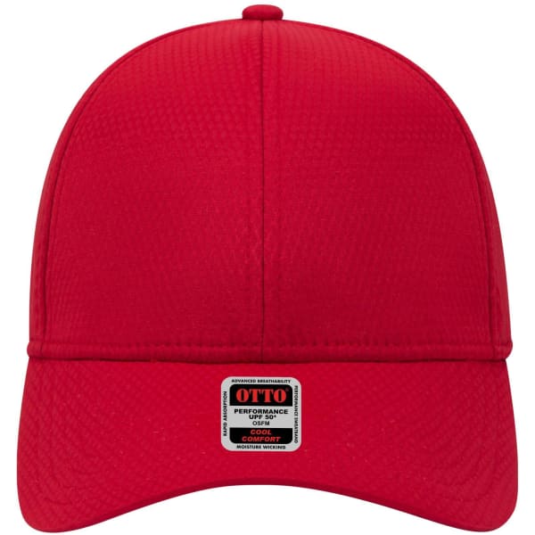 A red UPF 50+ six-panel low profile baseball cap with a branded label on the front.