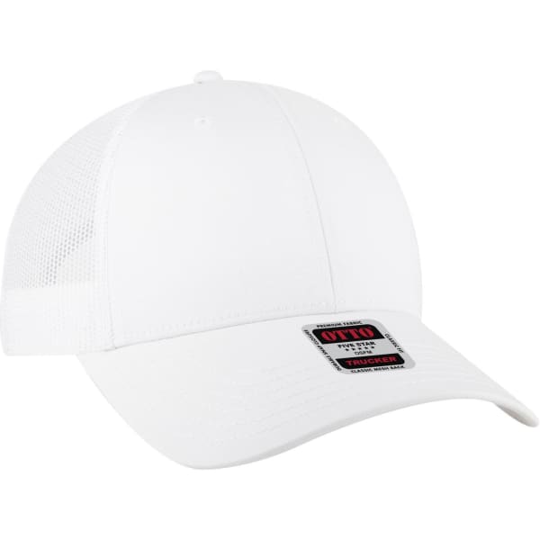 A white low profile trucker cap with mesh panels and a logo on the front.
