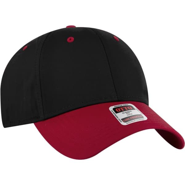 A low-profile baseball cap in black with a red brim. Features a logo on the side.