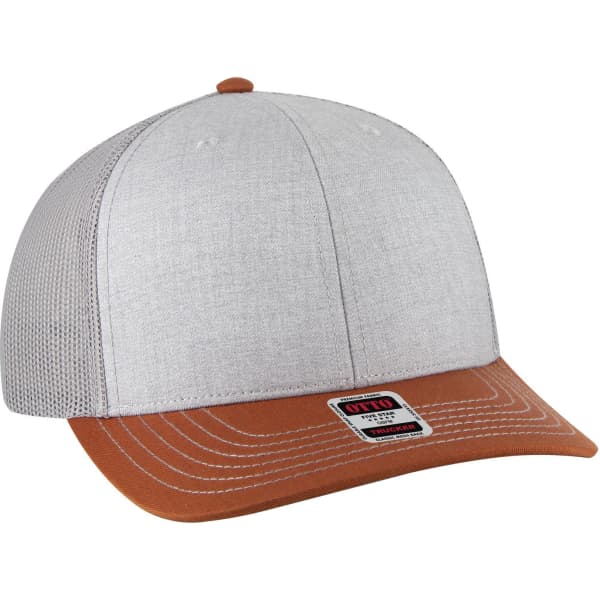 A grey 6-panel mid profile trucker cap with a brown peak and mesh side panels, featuring a branding logo.