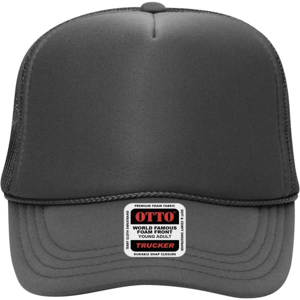A high crown trucker cap in solid black featuring a foam front and an adjustable snapback. It has a logo.