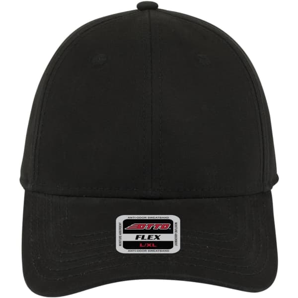 A black 6 panel low profile baseball cap featuring a logo tag on the front. 