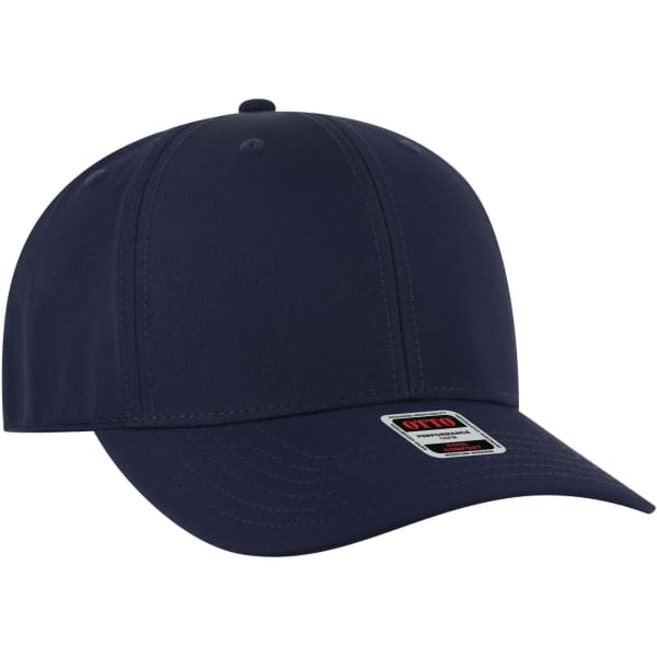 A navy blue 6 panel mid-profile baseball cap with a label and a curved brim.