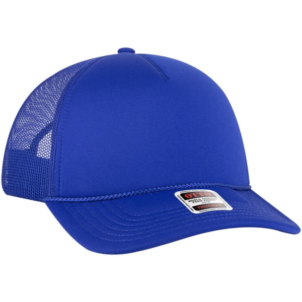 A blue 5 panel low profile trucker cap with a mesh back and a logo label on the front.